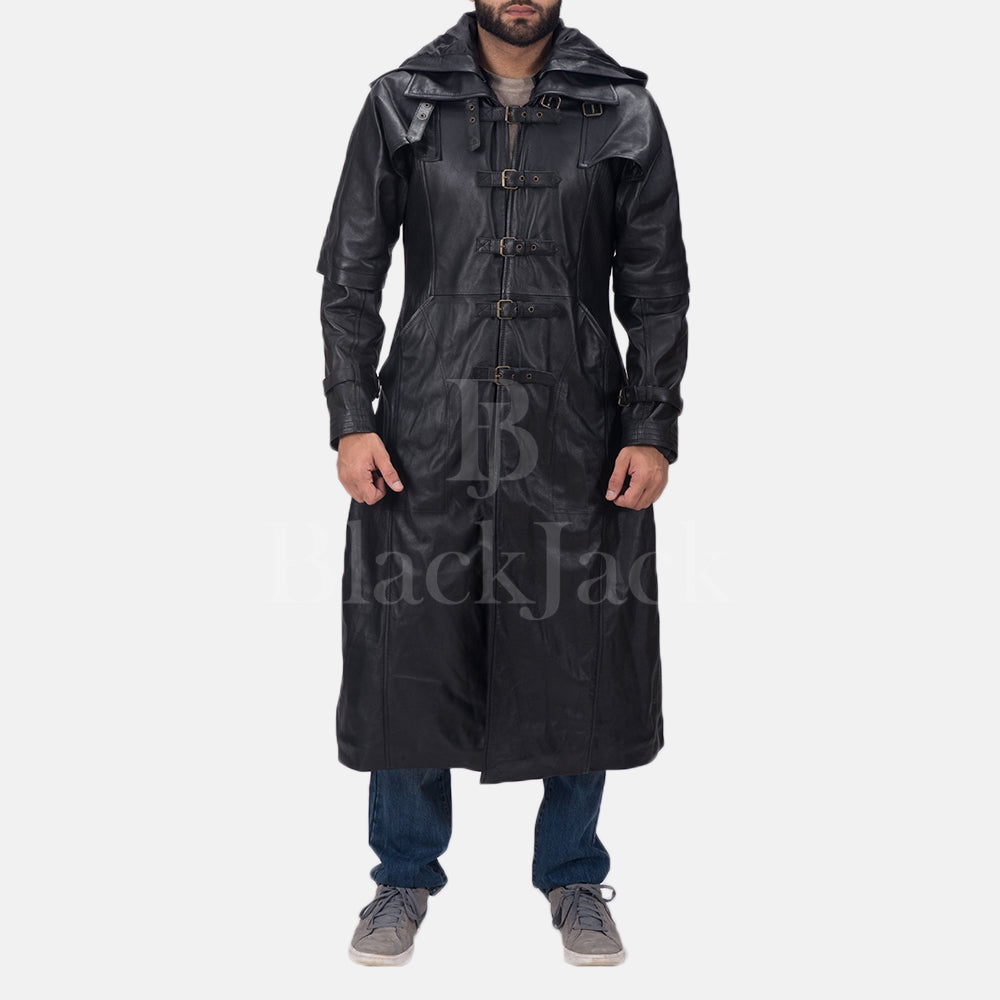 Huntsman Black Hooded Leather Coat - Black Jack Leathers - Online