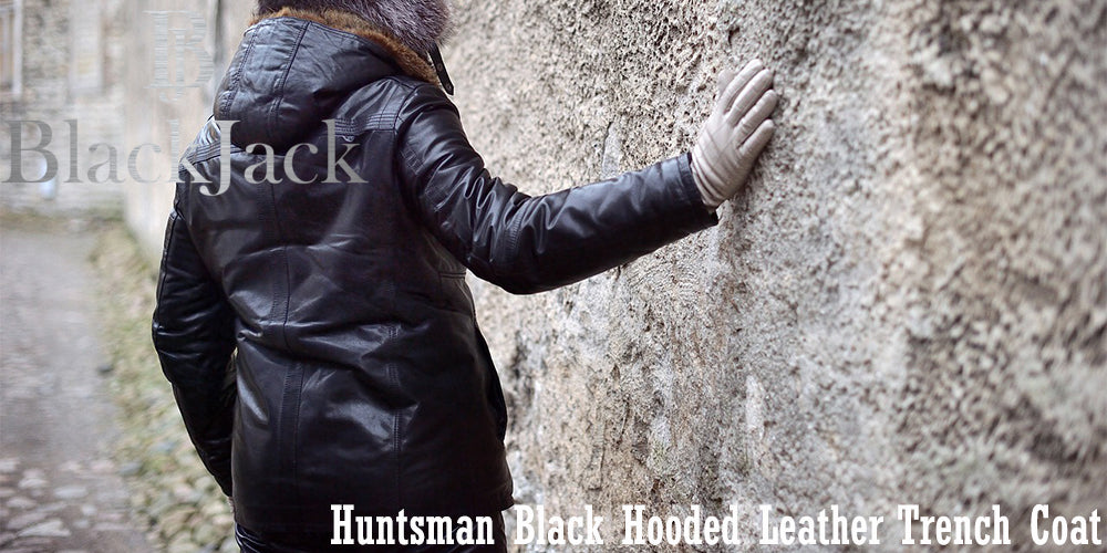 Huntsman – Schwarzer Leder-Trenchcoat mit Kapuze