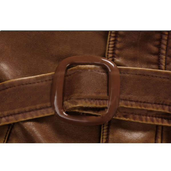 Brown Stand Collar Belt Leather Coat