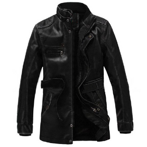 Black Stand Collar Belt Leather Coat