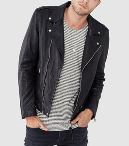 Lapel Collar Black Leather Jacket For Men