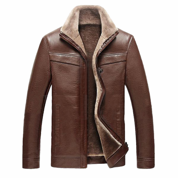 Brown Faux Thick Fleece Leather Jacket