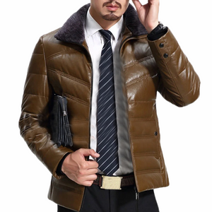 Brown Casual Rib Cuffs Windproof Leather Jacket