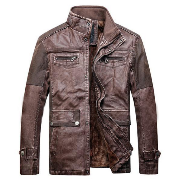 Coffee Patchwork Multi Pockets Leather Jacket