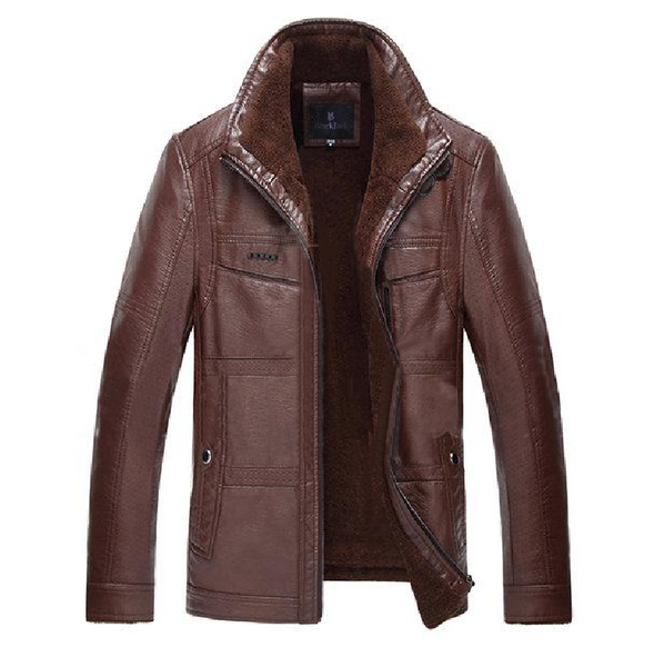 Light Coffee Thicken Fur Stand Collar Leather Jacket