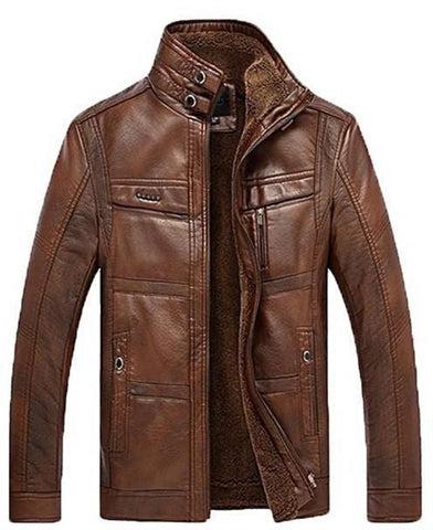 Men Slim Fit Multi Pockets Leather Jacket