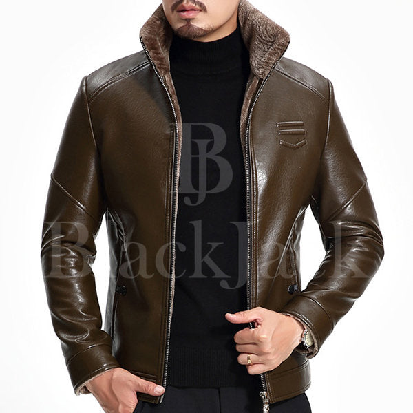 Stand Collar Shinny Leather Jacket|BlackJack Leathers 