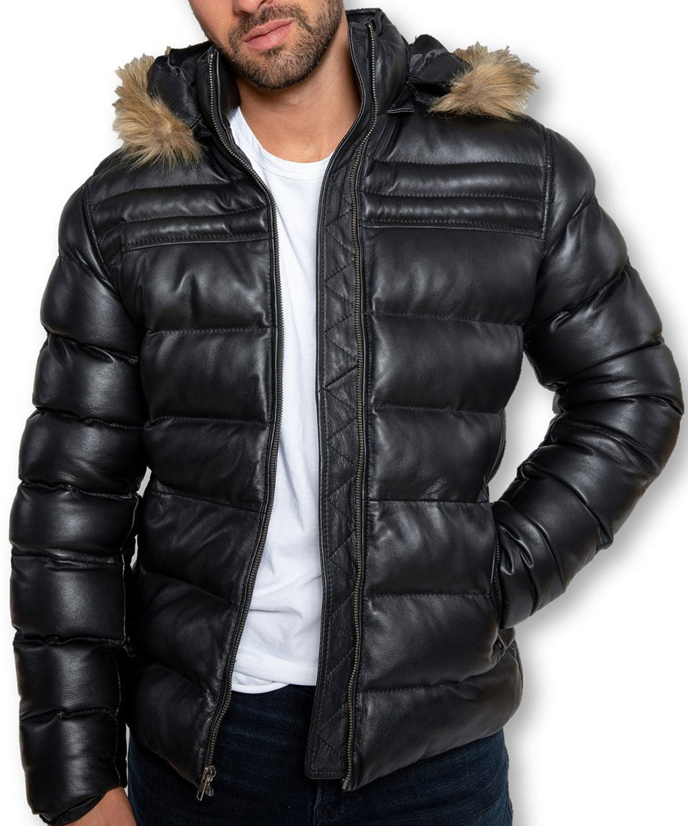 Black Fur Puffer Leather Jacket