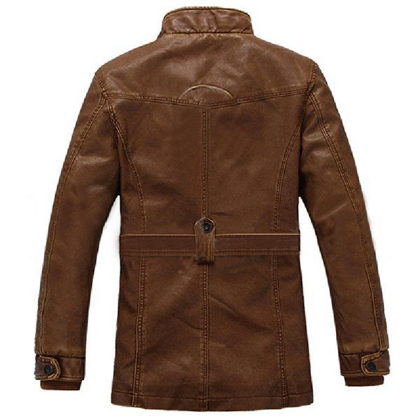 Brown Stand Collar Belt Leather Coat