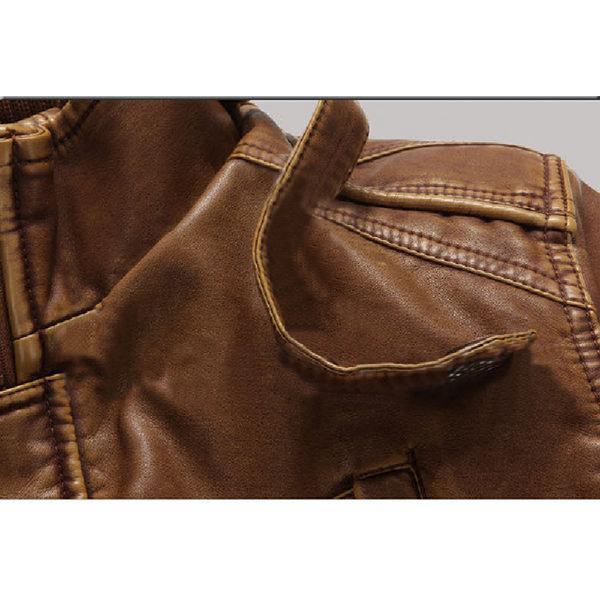 Brown Stand Collar Belt Leather Coat