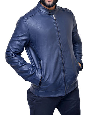 Navy Blue Zipper Biker Leather Jacket