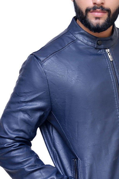 Navy Blue Zipper Biker Leather Jacket