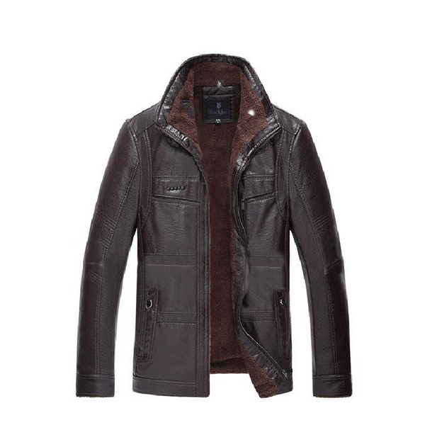 Dark Coffee Thicken Fur Stand Collar Leather Jacket