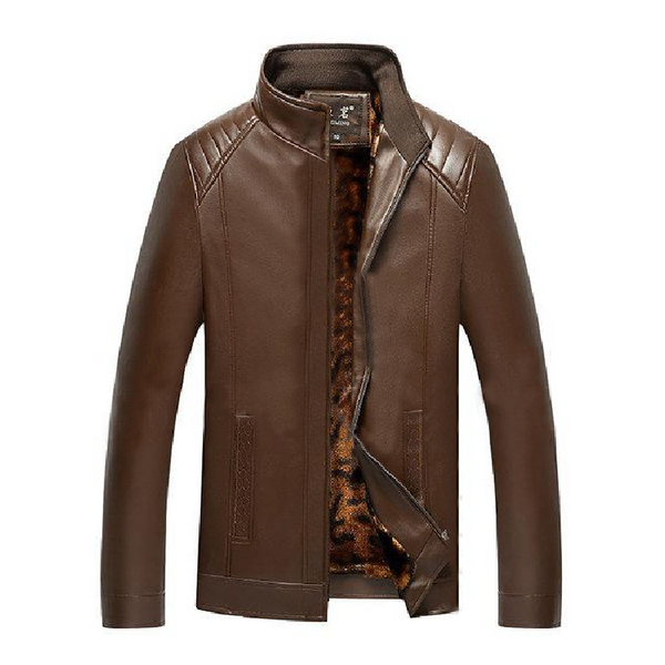 Brown Camouflage Stand Collar Leather Jacket