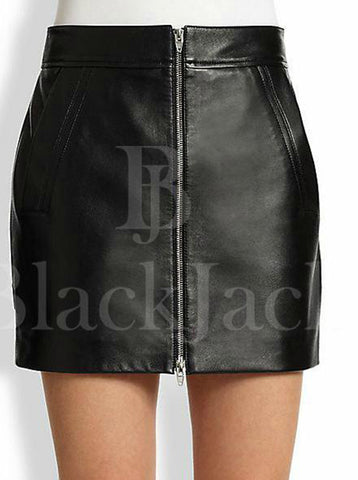 Front Zipper Mini Leather Skirt