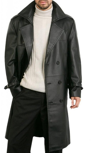 Alpha Black Leather Trench Coat for Men