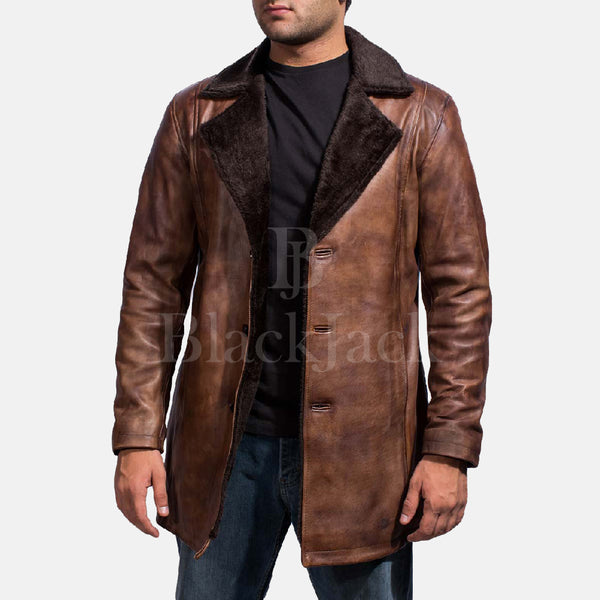 Zimtfarbener Vintage-Pelzmantel aus Distressed-Leder
