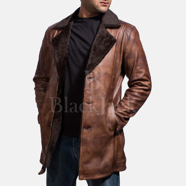 Zimtfarbener Vintage-Pelzmantel aus Distressed-Leder