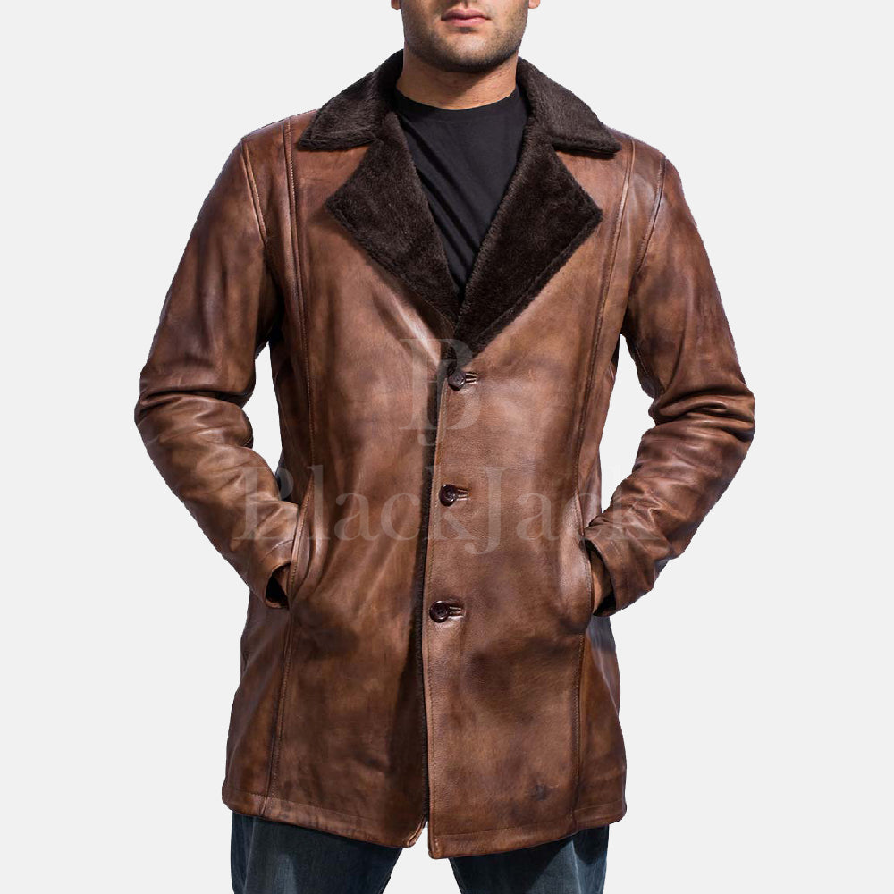 Zimtfarbener Vintage-Pelzmantel aus Distressed-Leder