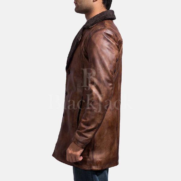 Zimtfarbener Vintage-Pelzmantel aus Distressed-Leder