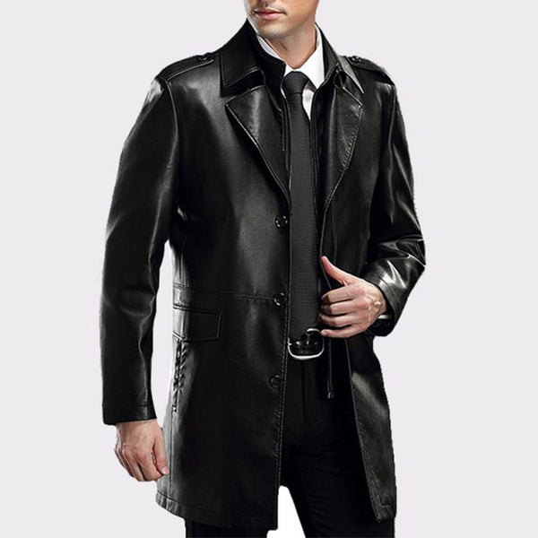 Shiny Black Men’s Business Leather Coat