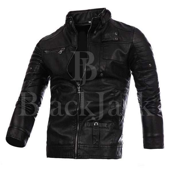 Stylish Collar Button Leather Jacket|BlackJack Leathers 